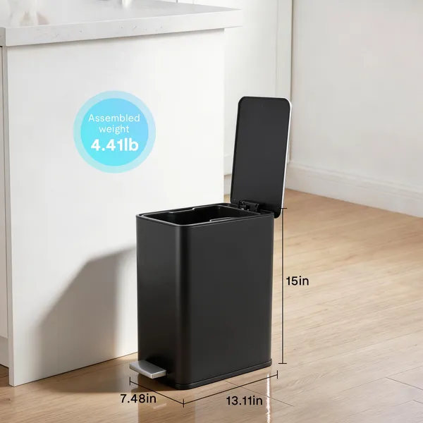 10L/2.6 Gallon Rectangular Step Trash Can, Stainless Steel Garbage Can with Foot Pedal, Removable Inner Bucket with Grip Groove and Side Handle for Kitchen Bathroom Office, Black - Image 12