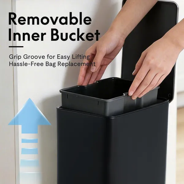 10L/2.6 Gallon Rectangular Step Trash Can, Stainless Steel Garbage Can with Foot Pedal, Removable Inner Bucket with Grip Groove and Side Handle for Kitchen Bathroom Office, Black - Image 18