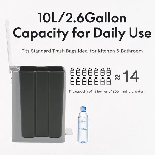 10L/2.6 Gallon Rectangular Step Trash Can, Stainless Steel Garbage Can with Foot Pedal, Removable Inner Bucket with Grip Groove and Side Handle for Kitchen Bathroom Office, Black - Image 10