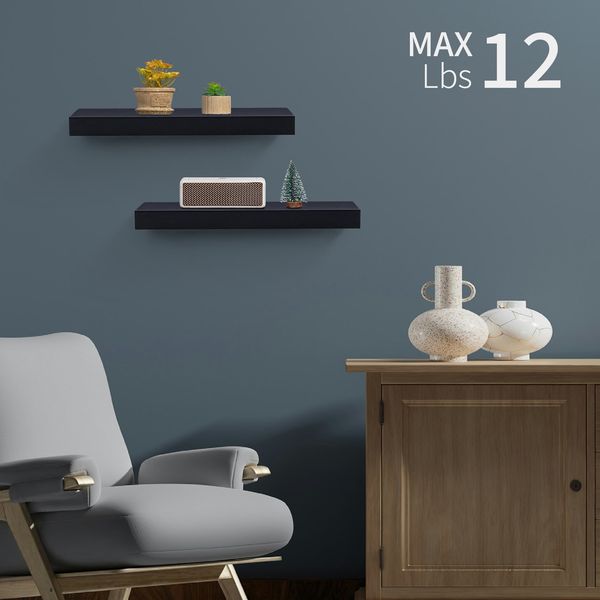 2-Piece Floating Wall Shelves, 14.96 Wood Wall Mounted Shelf Set for Bedroom, Bathroom, Living Room, Kitchen, Hanging Storage Shelves for Books, Plants & Decor with Invisible Brackets, Black - Image 8