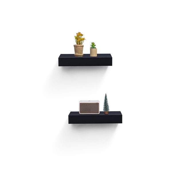2-Piece Floating Wall Shelves, 14.96 Wood Wall Mounted Shelf Set for Bedroom, Bathroom, Living Room, Kitchen, Hanging Storage Shelves for Books, Plants & Decor with Invisible Brackets, Black