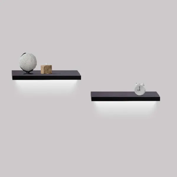 2-Piece Floating Wall Shelves w/LED Light, 15.75 Wood Wall Mounted Shelves for Bedroom, Bathroom, Living Room, Kitchen, Storage Shelf for Books, Plants & Decor, Invisible Brackets, Black - Image 2