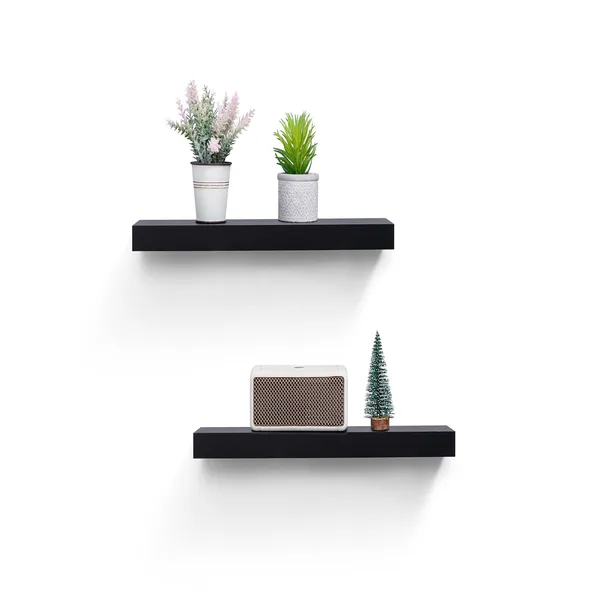2-Piece Floating Wall Shelves w/LED Light, 18.11 Wood Wall Mounted Shelves for Bedroom, Bathroom, Living Room, Kitchen, Storage Shelf for Books, Plants & Decor, Invisible Brackets, Black - Image 3