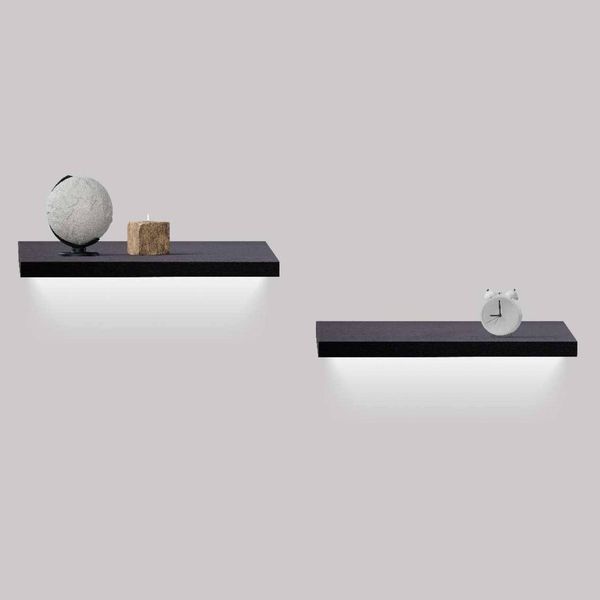 2-Piece Floating Wall Shelves w/LED Light, 18.11 Wood Wall Mounted Shelves for Bedroom, Bathroom, Living Room, Kitchen, Storage Shelf for Books, Plants & Decor, Invisible Brackets, Black