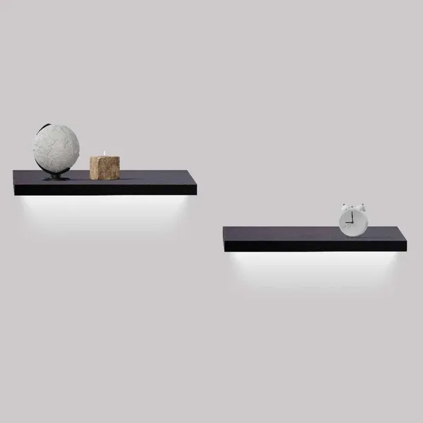2-Piece Floating Wall Shelves w/LED Light, 18.11 Wood Wall Mounted Shelves for Bedroom, Bathroom, Living Room, Kitchen, Storage Shelf for Books, Plants & Decor, Invisible Brackets, Black - Image 2