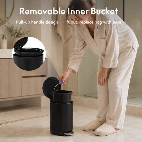 3L/0.8 Gallon Round Step Trash Can, Small Stainless Steel Bathroom Garbage Can with Foot Pedal and Removable Inner Bucket for Bathroom, Bedroom, Office, Black - Image 17