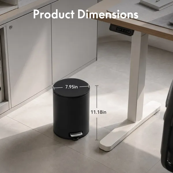 5L/1.32 Gallon Round Step Trash Can, Small Stainless Steel Bathroom Garbage Can with Foot Pedal and Removable Inner Bucket for Bathroom, Bedroom, Office, Black - Image 14