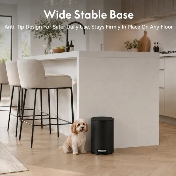 5L/1.32 Gallon Round Step Trash Can, Small Stainless Steel Bathroom Garbage Can with Foot Pedal and Removable Inner Bucket for Bathroom, Bedroom, Office, Black - Image 16
