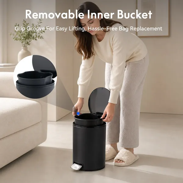 5L/1.32 Gallon Round Step Trash Can, Small Stainless Steel Bathroom Garbage Can with Foot Pedal and Removable Inner Bucket for Bathroom, Bedroom, Office, Black - Image 17