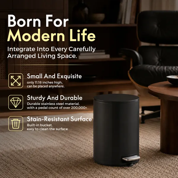 5L/1.32 Gallon Round Step Trash Can, Small Stainless Steel Bathroom Garbage Can with Foot Pedal and Removable Inner Bucket for Bathroom, Bedroom, Office, Black - Image 20