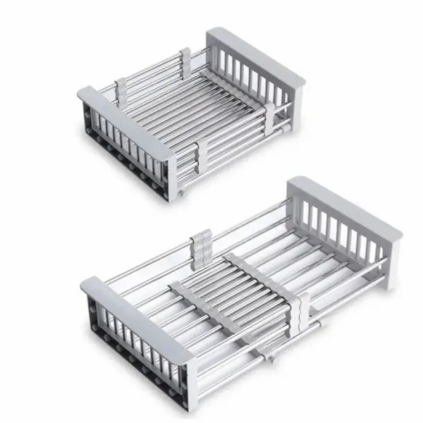Adjustable Immersion Sink Dish Drying Rack with Stainless Steel Drain Basket - Portable and Retractable Space-Saving Fruit and Vegetable Solution - Image 2
