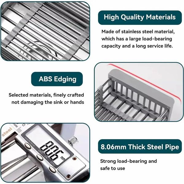Adjustable Immersion Sink Dish Drying Rack with Stainless Steel Drain Basket - Portable and Retractable Space-Saving Fruit and Vegetable Solution - Image 11