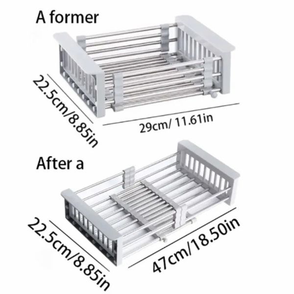 Adjustable Immersion Sink Dish Drying Rack with Stainless Steel Drain Basket - Portable and Retractable Space-Saving Fruit and Vegetable Solution - Image 3