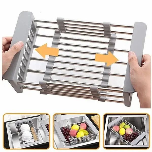 Adjustable Immersion Sink Dish Drying Rack with Stainless Steel Drain Basket - Portable and Retractable Space-Saving Fruit and Vegetable Solution - Image 5