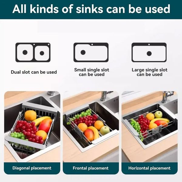 Adjustable Immersion Sink Dish Drying Rack with Stainless Steel Drain Basket - Portable and Retractable Space-Saving Fruit and Vegetable Solution - Image 6