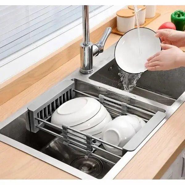 Adjustable Immersion Sink Dish Drying Rack with Stainless Steel Drain Basket - Portable and Retractable Space-Saving Fruit and Vegetable Solution - Image 7