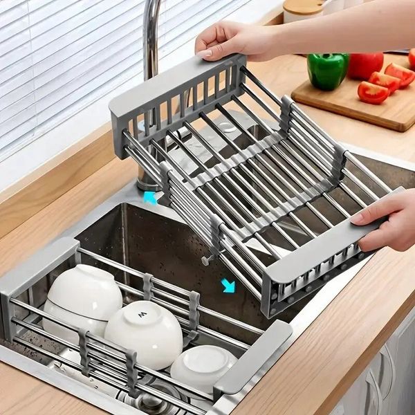 Adjustable Immersion Sink Dish Drying Rack with Stainless Steel Drain Basket - Portable and Retractable Space-Saving Fruit and Vegetable Solution - Image 8