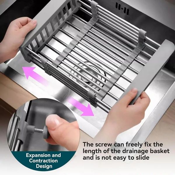 Adjustable Immersion Sink Dish Drying Rack with Stainless Steel Drain Basket - Portable and Retractable Space-Saving Fruit and Vegetable Solution - Image 9
