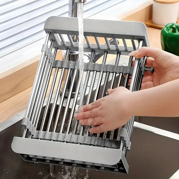 Adjustable Immersion Sink Dish Drying Rack with Stainless Steel Drain Basket - Portable and Retractable Space-Saving Fruit and Vegetable Solution - Image 10