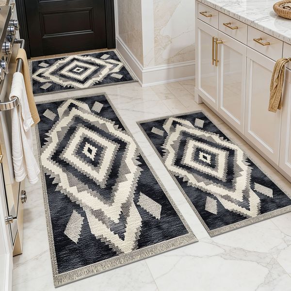 Three-piece kitchen rug set, non-slip and washable, abstract pattern kitchen hallway rug, soft and comfortable, suitable for sinks, floors, entrances, hallways and bathrooms. - Image 2