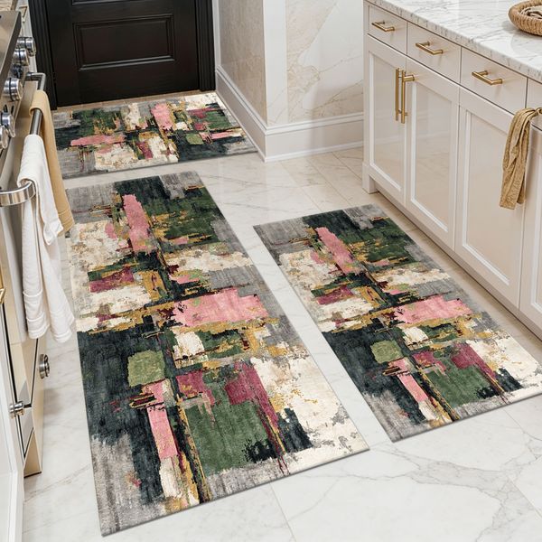 Three-piece kitchen rug set, non-slip and washable, abstract pattern kitchen hallway rug, soft and comfortable, suitable for sinks, floors, entrances, hallways and bathrooms. - Image 73