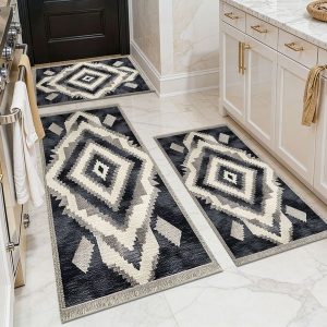Three-piece kitchen rug set, non-slip and washable, abstract pattern kitchen hallway rug, soft and comfortable, suitable for sinks, floors, entrances, hallways and bathrooms.