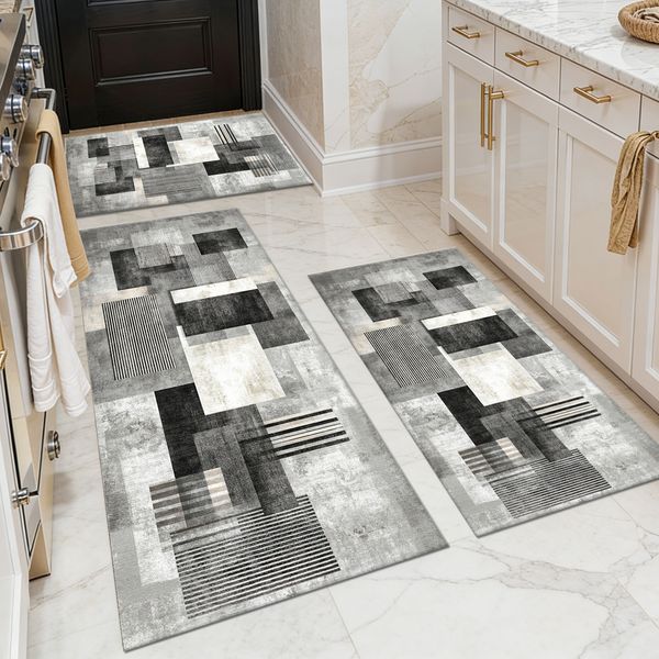 Three-piece kitchen rug set, non-slip and washable, abstract pattern kitchen hallway rug, soft and comfortable, suitable for sinks, floors, entrances, hallways and bathrooms. - Image 110