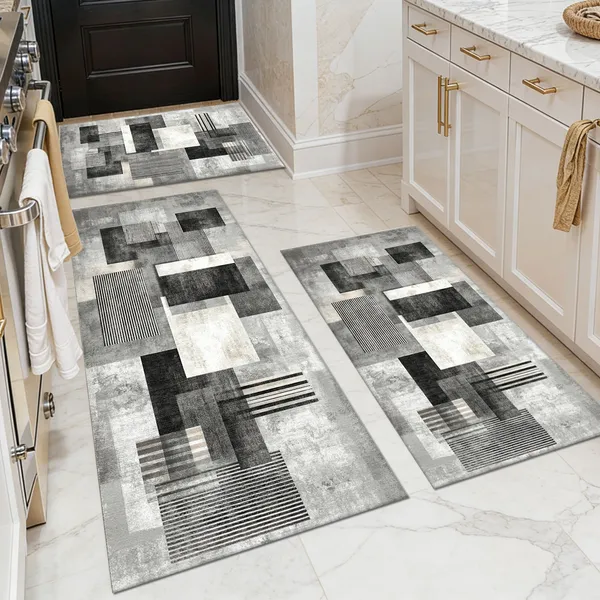 Three-piece kitchen rug set, non-slip and washable, abstract pattern kitchen hallway rug, soft and comfortable, suitable for sinks, floors, entrances, hallways and bathrooms. - Image 111