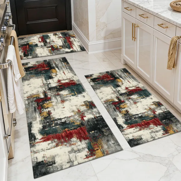 Three-piece kitchen rug set, non-slip and washable, abstract pattern kitchen hallway rug, soft and comfortable, suitable for sinks, floors, entrances, hallways and bathrooms. - Image 123