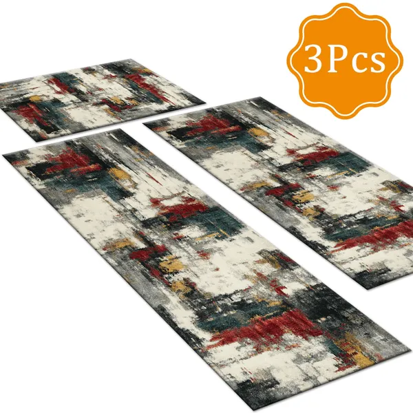 Three-piece kitchen rug set, non-slip and washable, abstract pattern kitchen hallway rug, soft and comfortable, suitable for sinks, floors, entrances, hallways and bathrooms. - Image 124