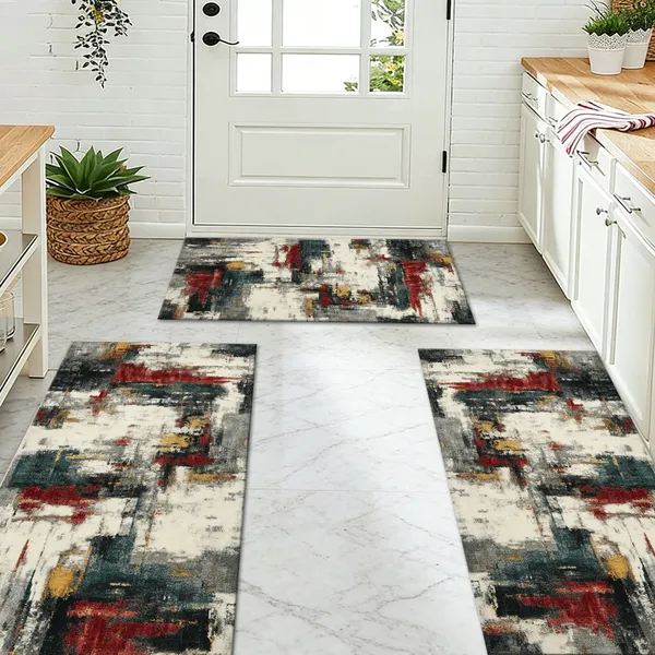 Three-piece kitchen rug set, non-slip and washable, abstract pattern kitchen hallway rug, soft and comfortable, suitable for sinks, floors, entrances, hallways and bathrooms. - Image 131